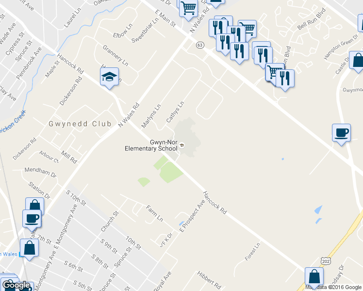 map of restaurants, bars, coffee shops, grocery stores, and more near 139 Hancock Road in North Wales