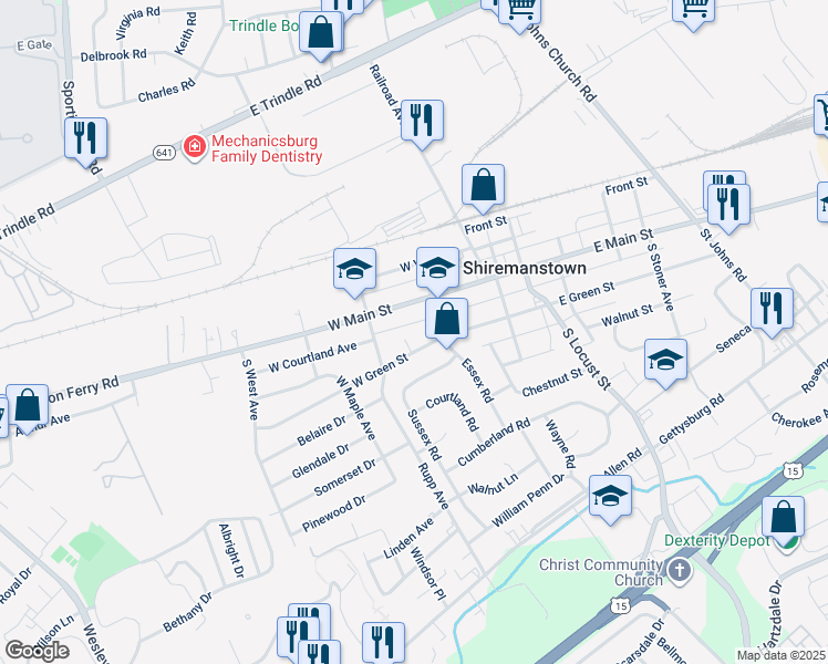 map of restaurants, bars, coffee shops, grocery stores, and more near 1 South Spruce Street in Shiremanstown