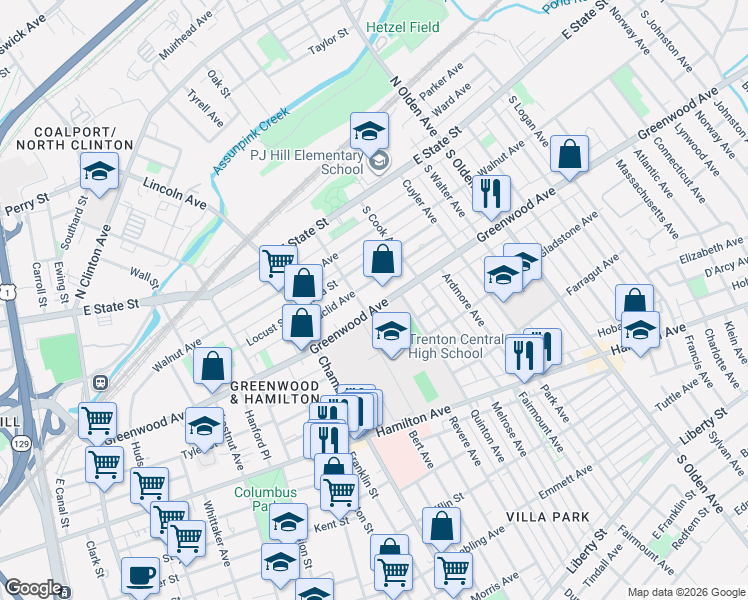 map of restaurants, bars, coffee shops, grocery stores, and more near 912 New Jersey 33 in Trenton