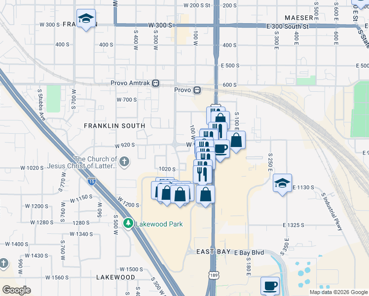 map of restaurants, bars, coffee shops, grocery stores, and more near 933 South Freedom Boulevard in Provo