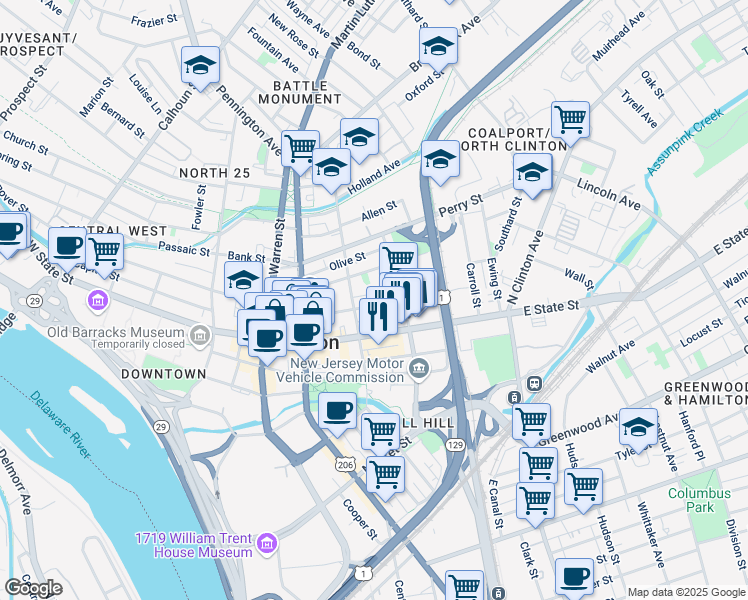 map of restaurants, bars, coffee shops, grocery stores, and more near 220 East Hanover Street in Trenton