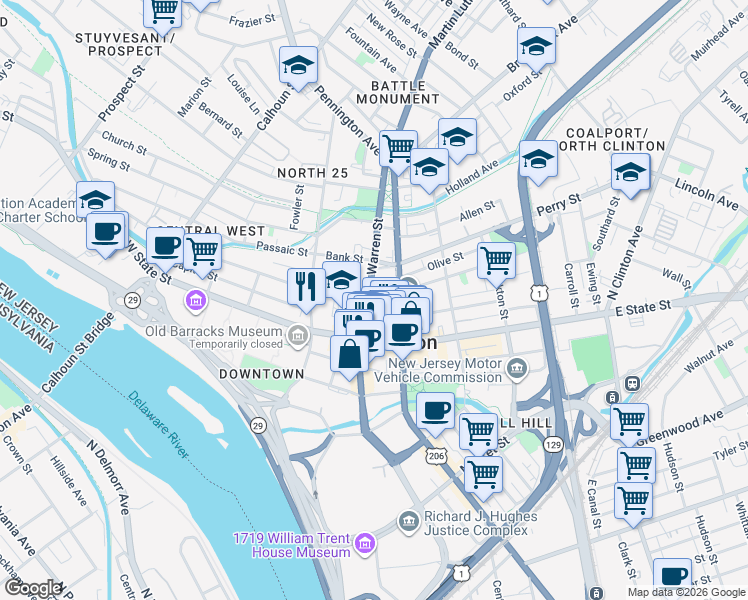 map of restaurants, bars, coffee shops, grocery stores, and more near 1 West Hanover Street in Trenton