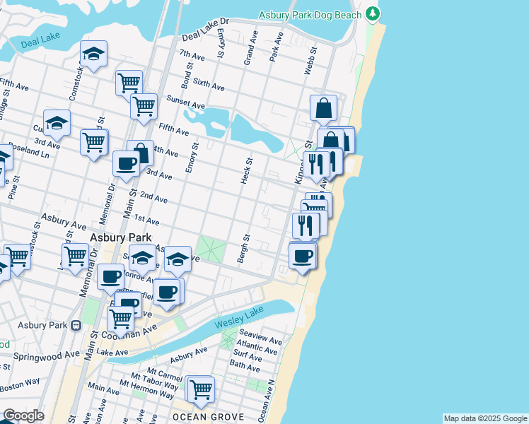map of restaurants, bars, coffee shops, grocery stores, and more near 207 2nd Avenue in Asbury Park