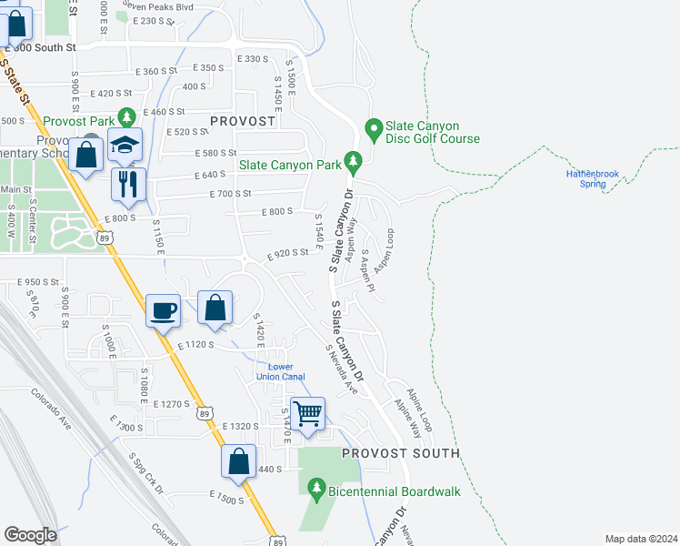 map of restaurants, bars, coffee shops, grocery stores, and more near 970 Aspen Way in Provo