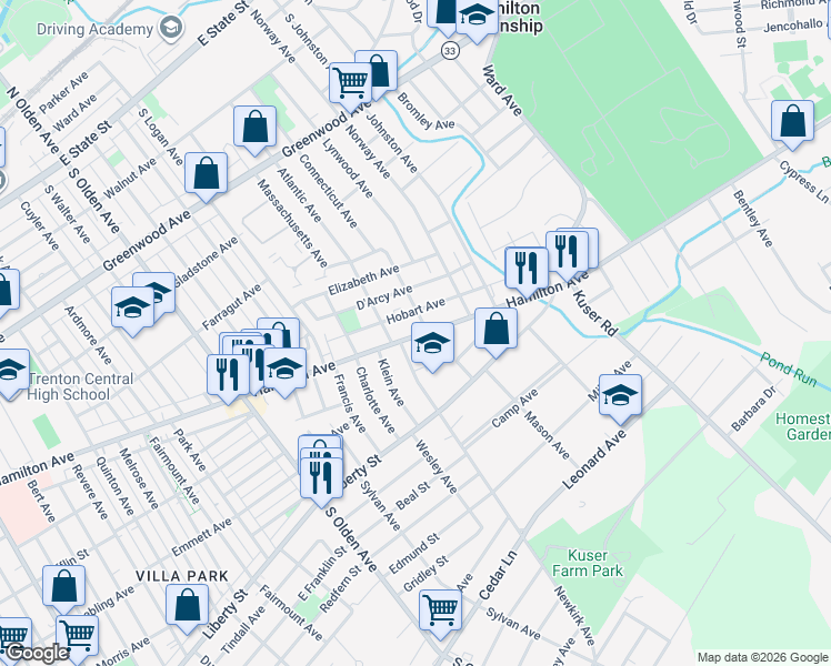 map of restaurants, bars, coffee shops, grocery stores, and more near 1473 Hamilton Avenue in Hamilton Township