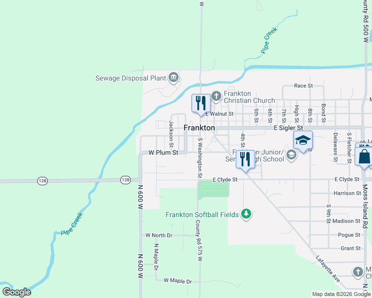 map of restaurants, bars, coffee shops, grocery stores, and more near 201 West Plum Street in Frankton
