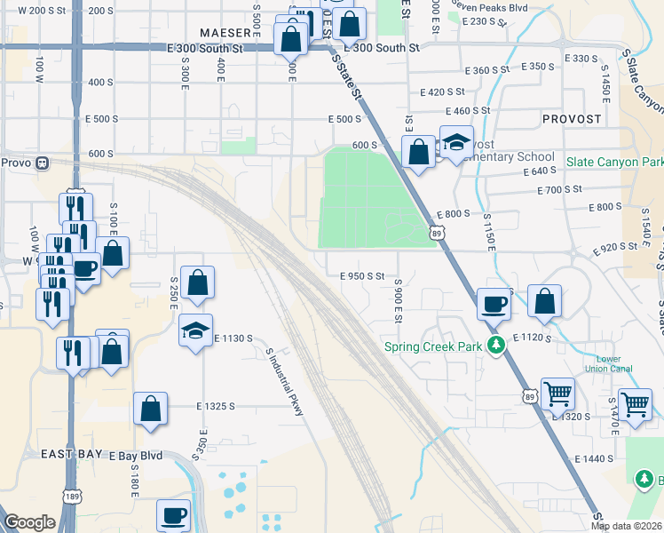 map of restaurants, bars, coffee shops, grocery stores, and more near 931 South 700 East in Provo