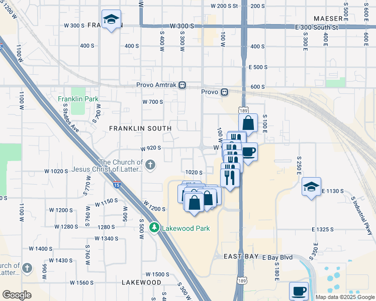 map of restaurants, bars, coffee shops, grocery stores, and more near 933 South 250 West Street in Provo