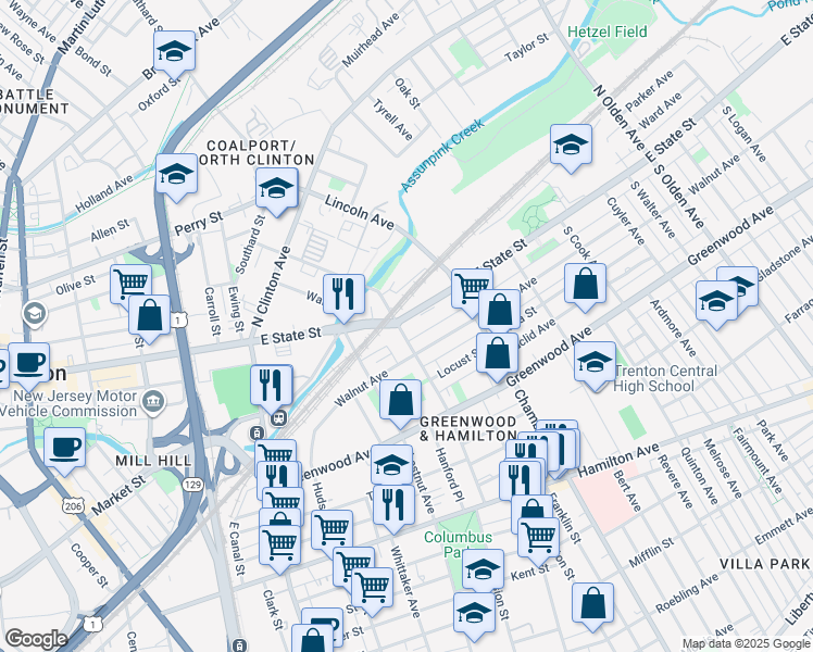 map of restaurants, bars, coffee shops, grocery stores, and more near 325 Monmouth Street in Trenton