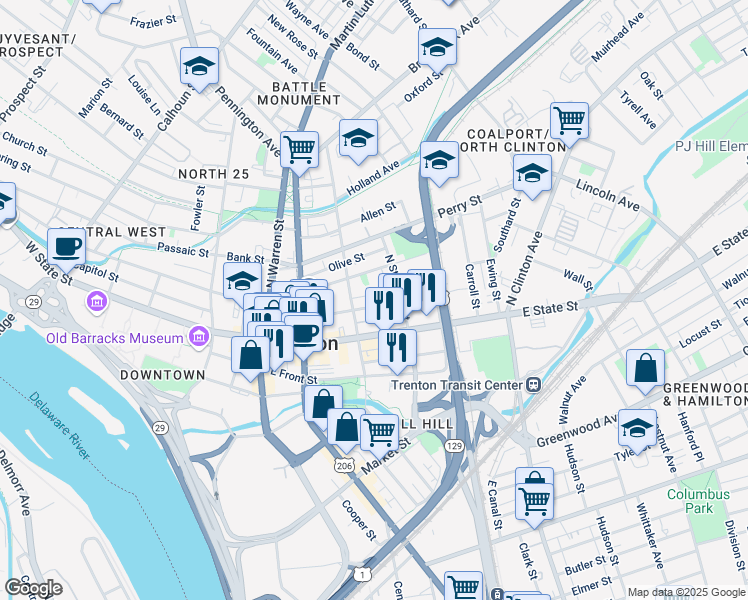 map of restaurants, bars, coffee shops, grocery stores, and more near in Trenton