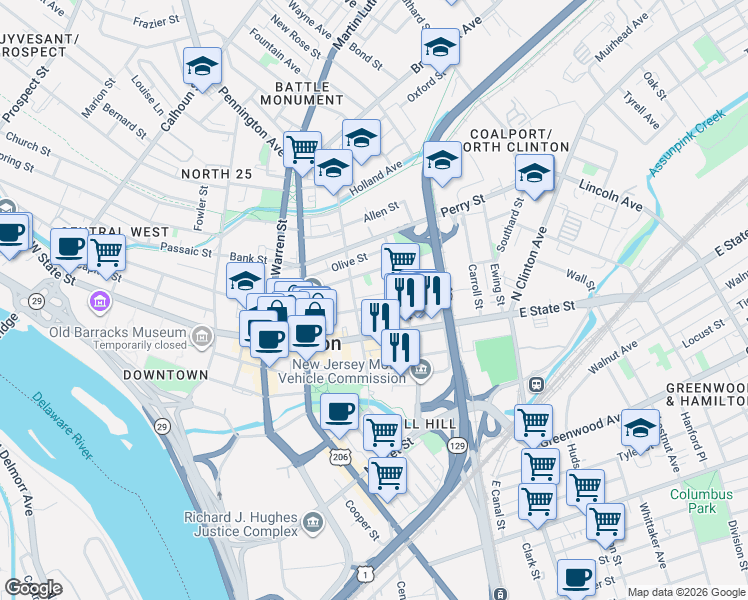 map of restaurants, bars, coffee shops, grocery stores, and more near in Trenton
