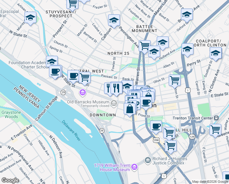 map of restaurants, bars, coffee shops, grocery stores, and more near 120 West State Street in Trenton