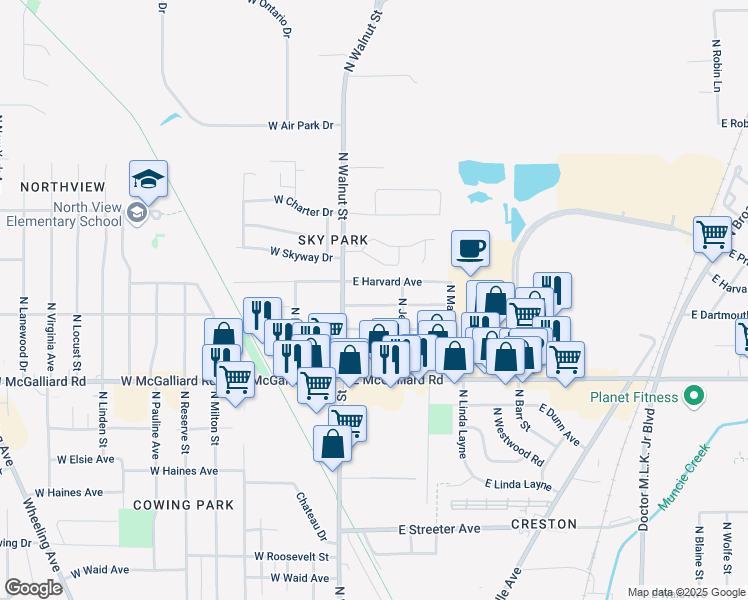 map of restaurants, bars, coffee shops, grocery stores, and more near 110 E Berkley Ave in Muncie