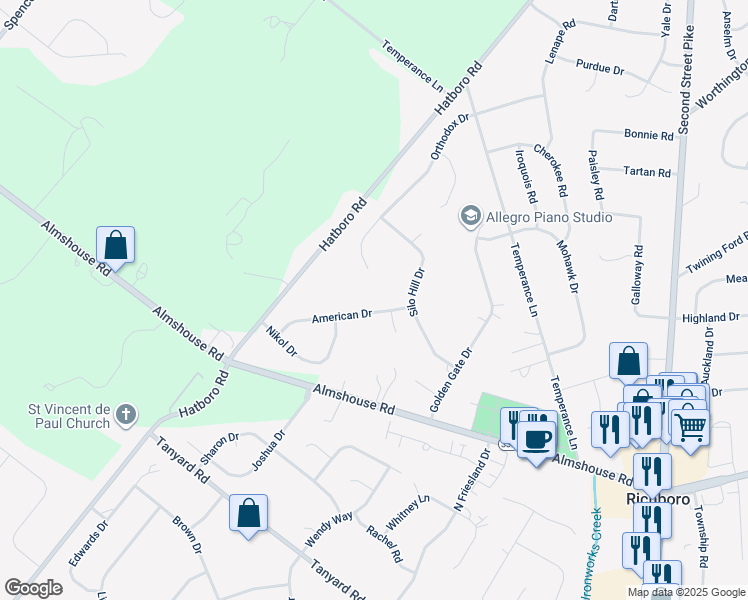 map of restaurants, bars, coffee shops, grocery stores, and more near 216 American Drive in Richboro