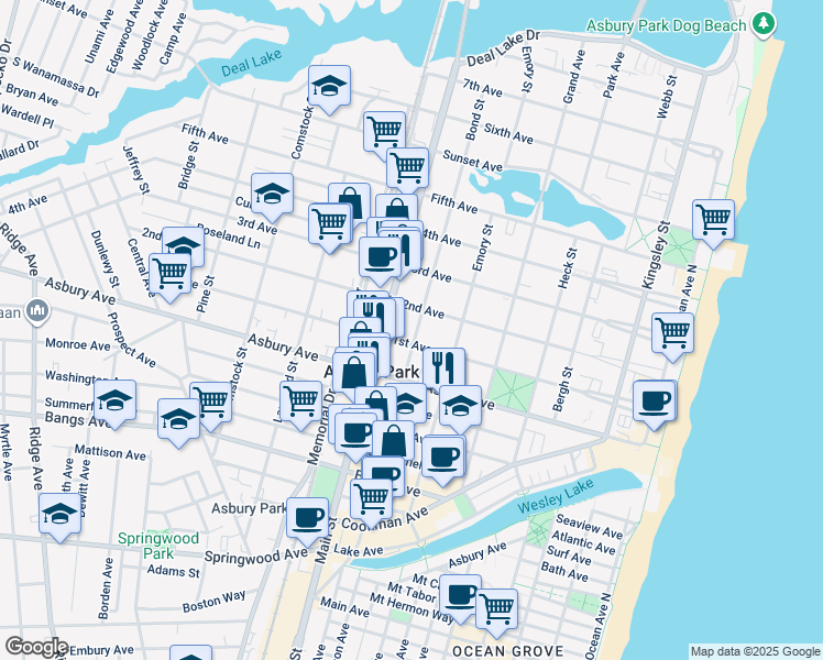 map of restaurants, bars, coffee shops, grocery stores, and more near 903 Bond Street in Asbury Park