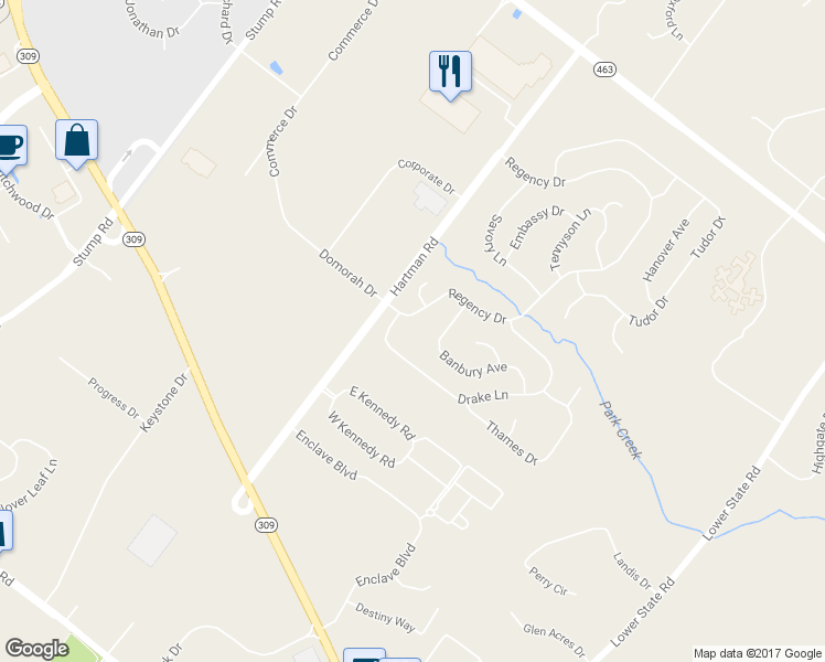 map of restaurants, bars, coffee shops, grocery stores, and more near 106 Regency Drive in North Wales