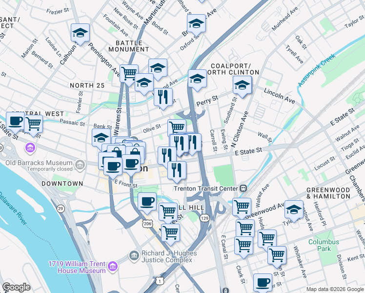map of restaurants, bars, coffee shops, grocery stores, and more near 28 N Stockton St in Trenton