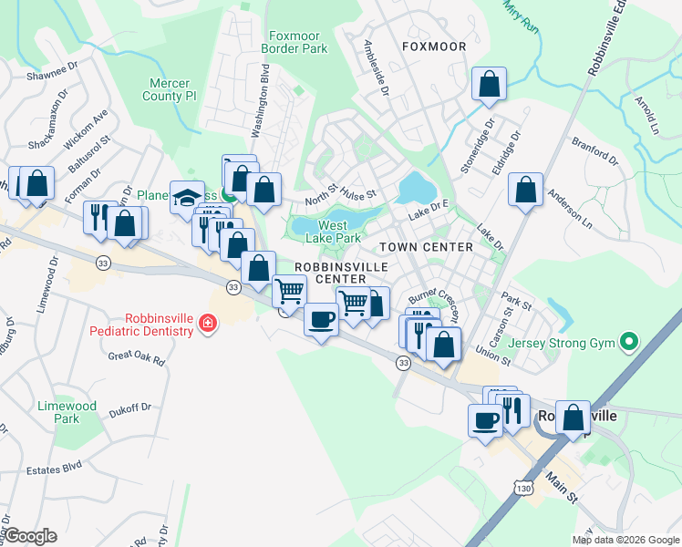 map of restaurants, bars, coffee shops, grocery stores, and more near in Robbinsville Township