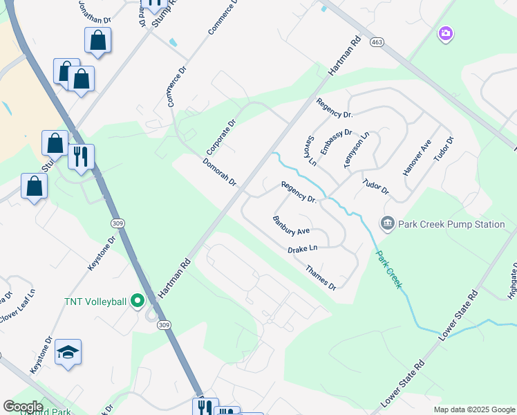 map of restaurants, bars, coffee shops, grocery stores, and more near 106 Regency Drive in North Wales