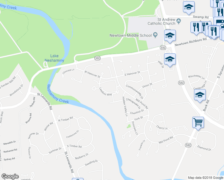 map of restaurants, bars, coffee shops, grocery stores, and more near 186 Leedom Way in Newtown