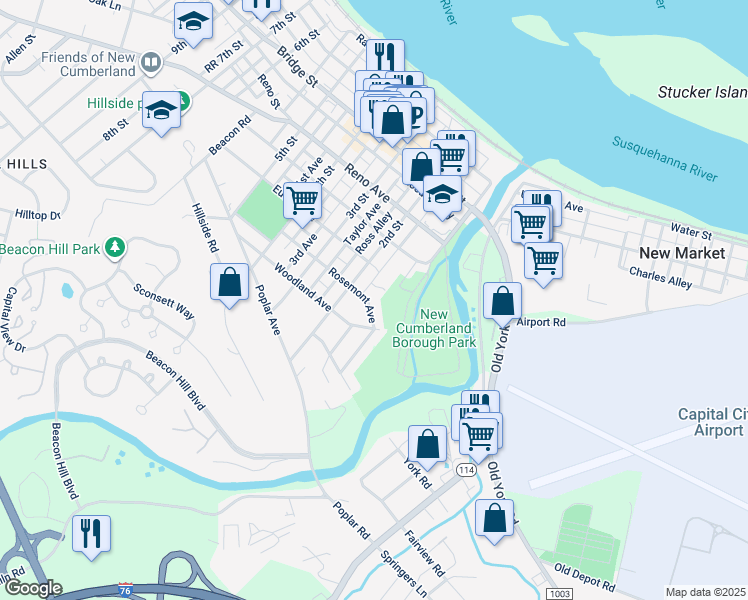 map of restaurants, bars, coffee shops, grocery stores, and more near 113 Rosemont Avenue in New Cumberland