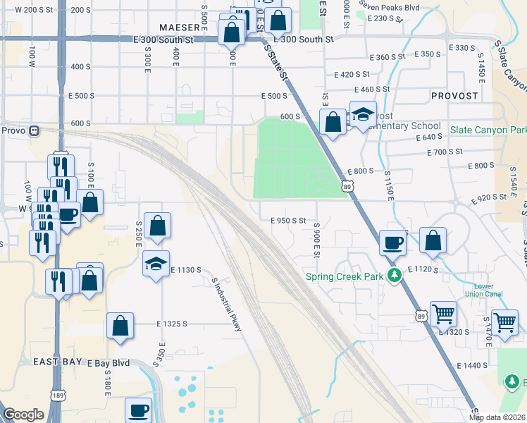 map of restaurants, bars, coffee shops, grocery stores, and more near 931 South 700 East in Provo