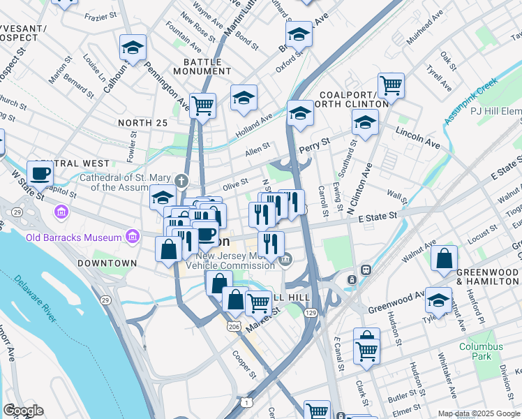 map of restaurants, bars, coffee shops, grocery stores, and more near 232 East Hanover Street in Trenton