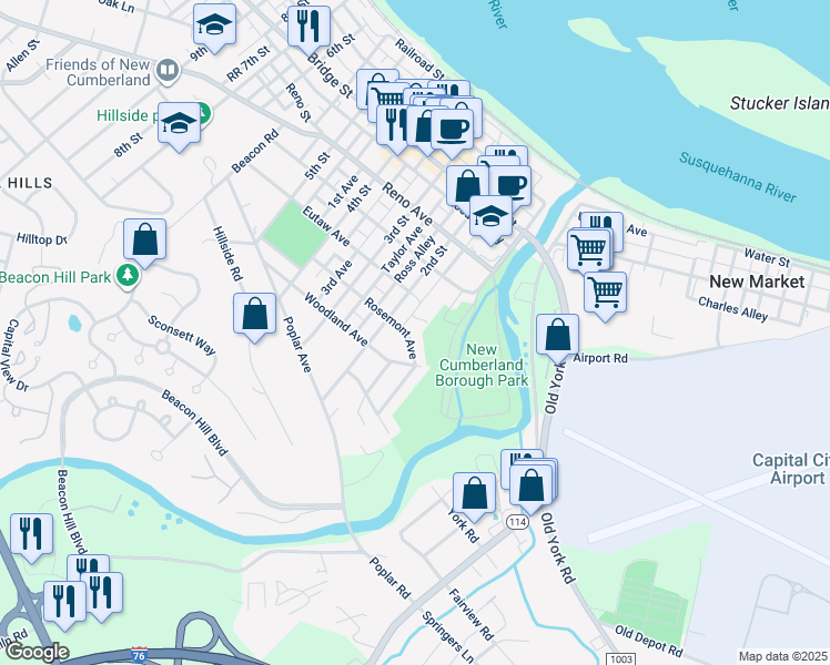 map of restaurants, bars, coffee shops, grocery stores, and more near 113 Rosemont Avenue in New Cumberland