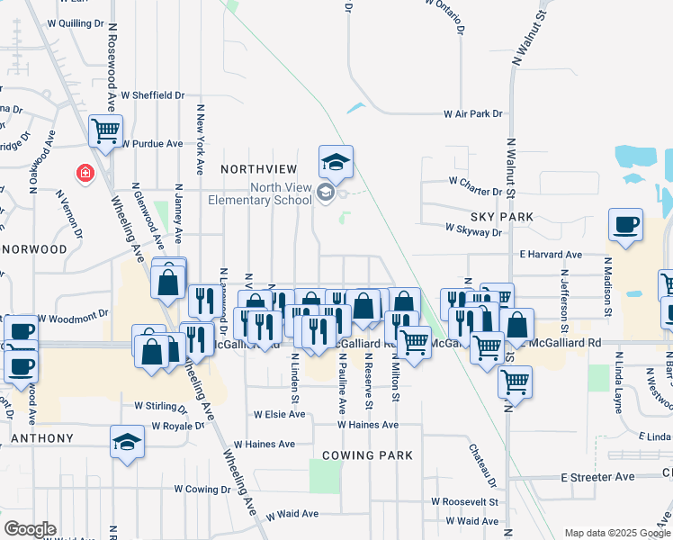 map of restaurants, bars, coffee shops, grocery stores, and more near 801 West Berkley Avenue in Muncie