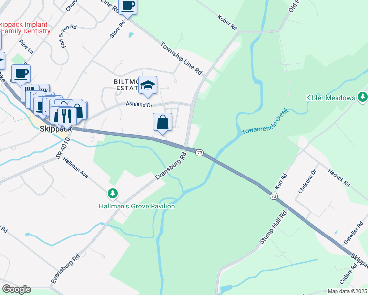 map of restaurants, bars, coffee shops, grocery stores, and more near 3519 Skippack Pike in Harleysville