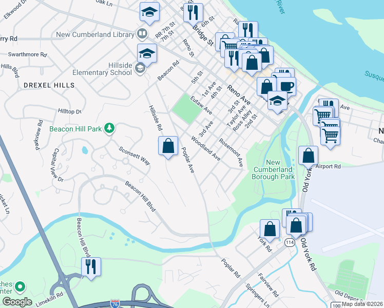 map of restaurants, bars, coffee shops, grocery stores, and more near 900 3rd Street in New Cumberland