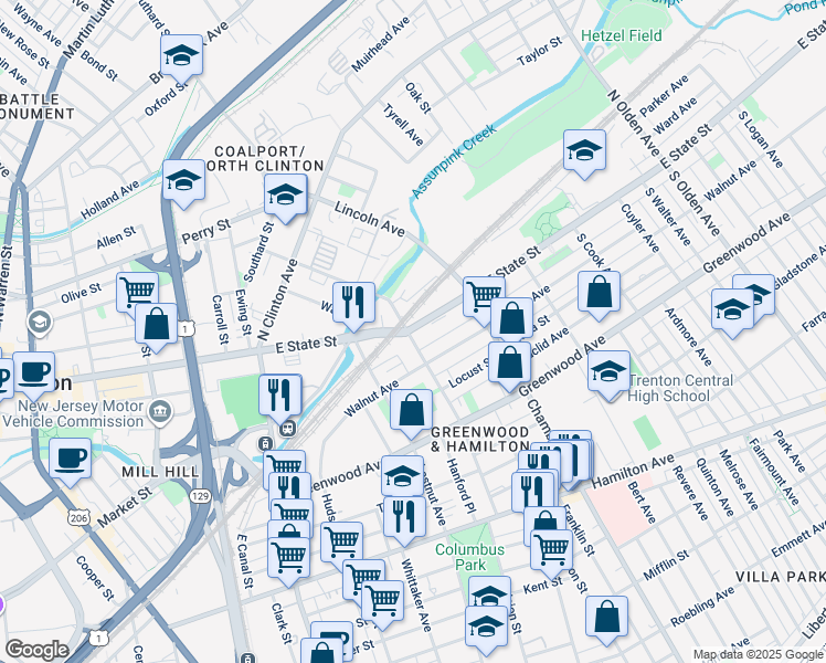 map of restaurants, bars, coffee shops, grocery stores, and more near 703 East State Street in Trenton