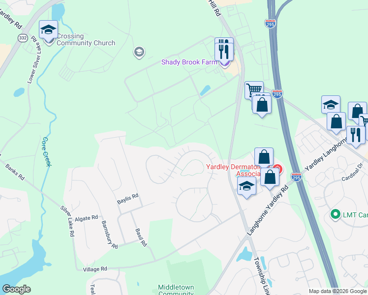 map of restaurants, bars, coffee shops, grocery stores, and more near 221 Shady Brook Drive in Langhorne