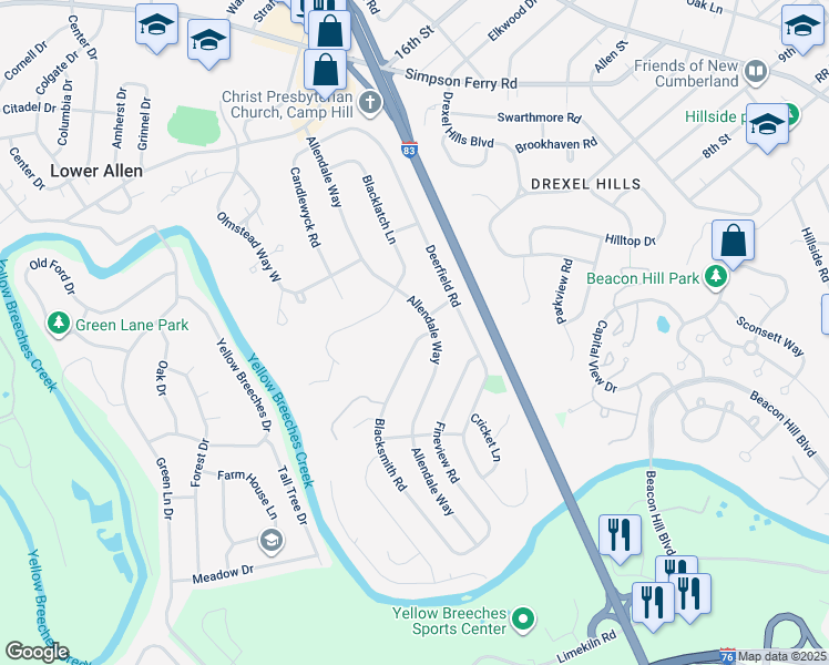 map of restaurants, bars, coffee shops, grocery stores, and more near 352 Blacksmith Road in Camp Hill