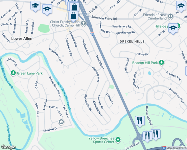 map of restaurants, bars, coffee shops, grocery stores, and more near 352 Blacksmith Road in Camp Hill