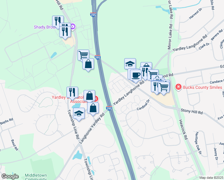 map of restaurants, bars, coffee shops, grocery stores, and more near 1839 Windflower Lane in Yardley