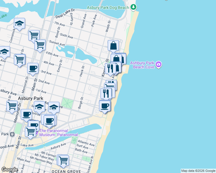 map of restaurants, bars, coffee shops, grocery stores, and more near 105 2nd Avenue in Asbury Park