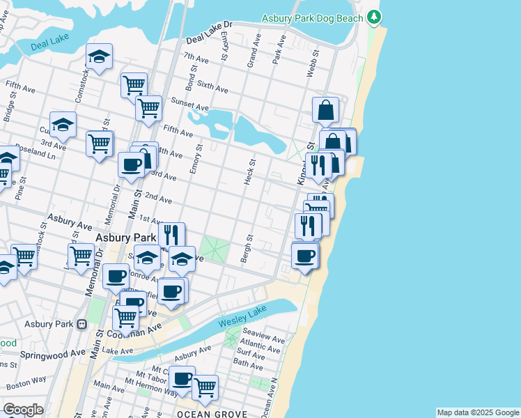 map of restaurants, bars, coffee shops, grocery stores, and more near 219 2nd Avenue in Asbury Park