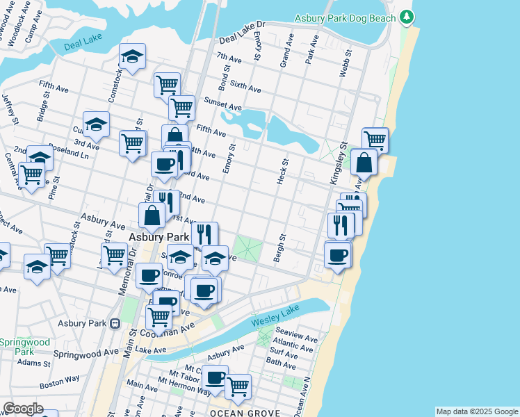 map of restaurants, bars, coffee shops, grocery stores, and more near 406 2nd Avenue in Asbury Park