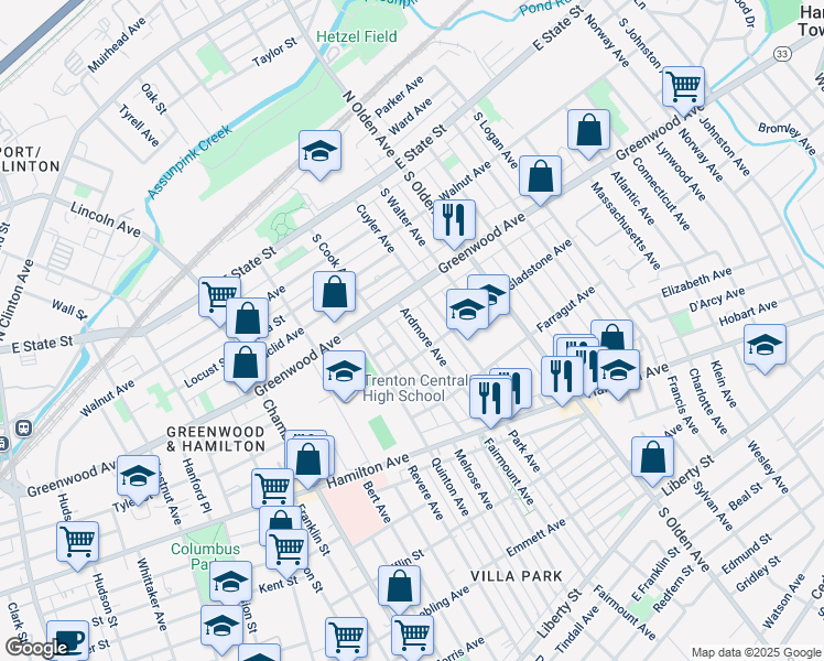 map of restaurants, bars, coffee shops, grocery stores, and more near 252 South Cook Avenue in Trenton