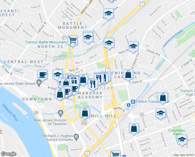 map of restaurants, bars, coffee shops, grocery stores, and more near in Trenton