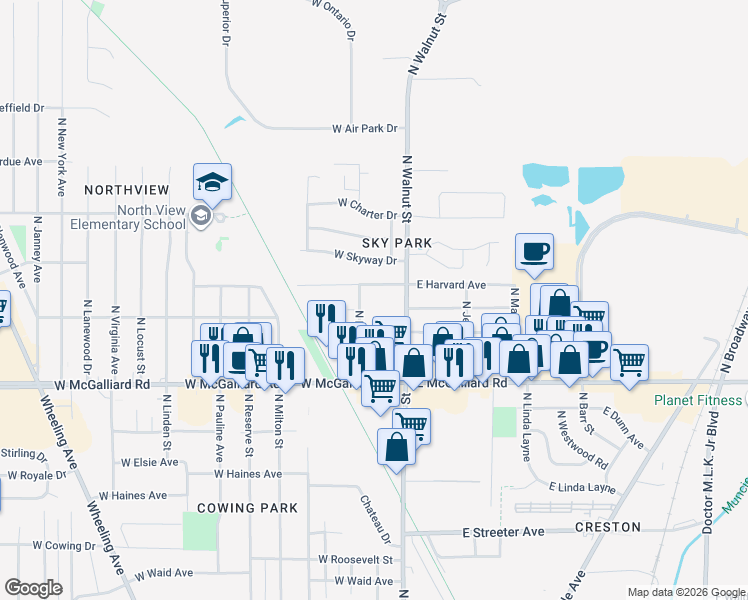 map of restaurants, bars, coffee shops, grocery stores, and more near 3604 North Franklin Street in Muncie