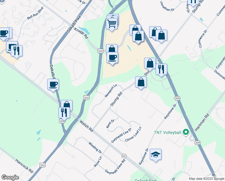 map of restaurants, bars, coffee shops, grocery stores, and more near 126 Newport Lane in North Wales