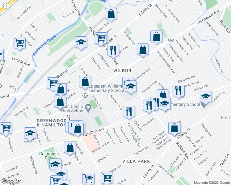 map of restaurants, bars, coffee shops, grocery stores, and more near 249 Cuyler Avenue in Trenton