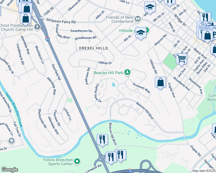 map of restaurants, bars, coffee shops, grocery stores, and more near 1718 Josiah Chowning Way in New Cumberland