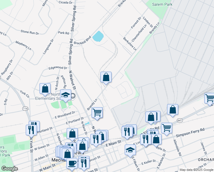 map of restaurants, bars, coffee shops, grocery stores, and more near Brandy Lane in Mechanicsburg