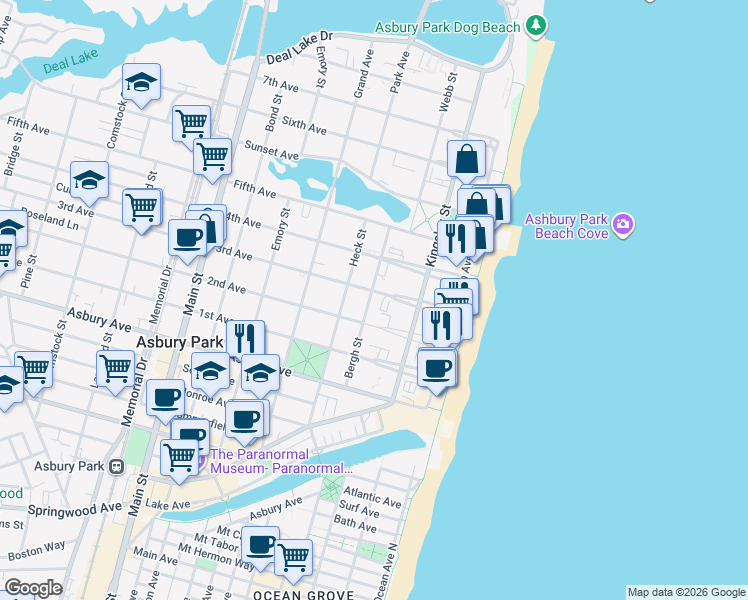 map of restaurants, bars, coffee shops, grocery stores, and more near 219 2nd Avenue in Asbury Park