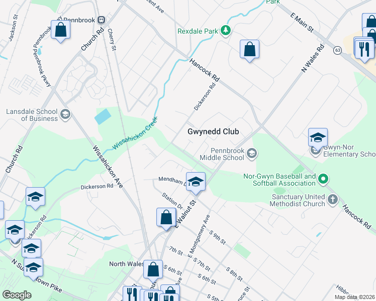 map of restaurants, bars, coffee shops, grocery stores, and more near 1 Kerwick Court in North Wales