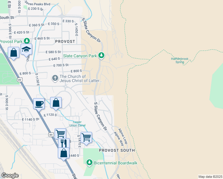 map of restaurants, bars, coffee shops, grocery stores, and more near 1734 Aspen Loop in Provo