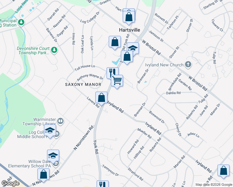 map of restaurants, bars, coffee shops, grocery stores, and more near 1111 York Road in Warminster